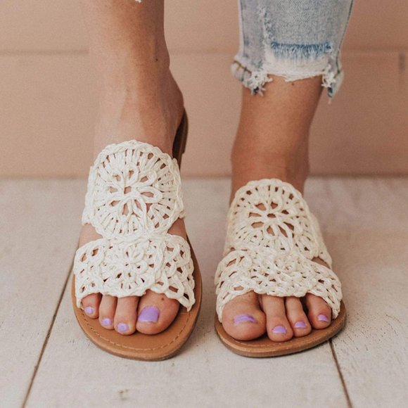 NEW Off White Crochet Lace Raffia Straw Slip On Slides Slippers Sandals Shoes - Picture 4 of 12